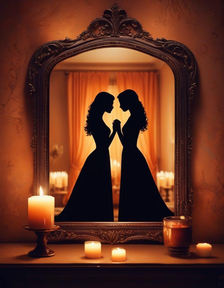 A serene, candle-lit room with two silhouettes sharing a tender gaze, surrounded by soft textures like velvet and silk, symbolizing emotional intimacy. Incorporate warm colors and subtle heart motifs in the background, evoking feelings of love and connection. Include elements like intertwined hands and gentle reflections in a nearby mirror to enhance the depth of the scene. super-realistic. warm tones. soft focus.