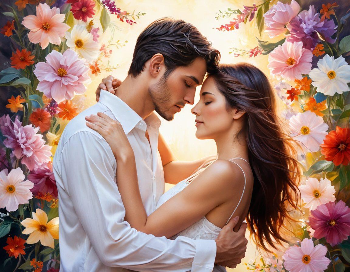 A serene couple entwined in a warm embrace, surrounded by soft ambient light that symbolizes passion and connection. Ethereal wisps of color flow around them, signifying emotional wellness and desire intertwined. Gentle flowers bloom in the background, representing growth and intimacy in love. The overall tone should evoke a sense of harmony and tranquility. super-realistic. warm colors. soft focus.