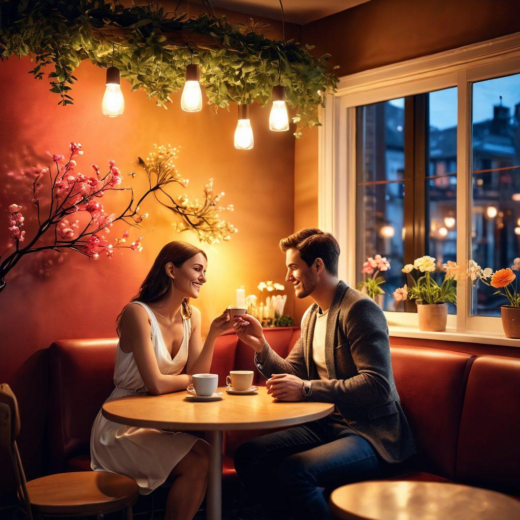 A romantic scene depicting a couple in a cozy café, engaging in playful flirting over coffee, surrounded by warm lighting and intimate decor. Include subtle elements of passion, like intertwined hands and soft smiles, with a backdrop of blooming flowers to symbolize growth in connections. The ambiance should evoke warmth and intimacy. vibrant colors. soft-focus. 3D.